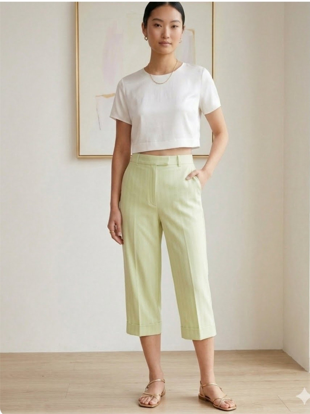 Cropped High-Rise Wide-Leg Capris in Light Green